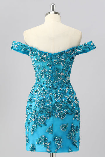 Off The Shoulder Blue Beaded Corset Bodycon Cocktail Dress with Appliques